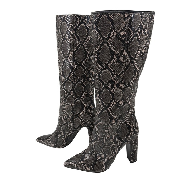 New Steve Madden Rouge Snakeskin Knee High Block Heel Boots Grey Black Women 11M - Picture 3 of 9